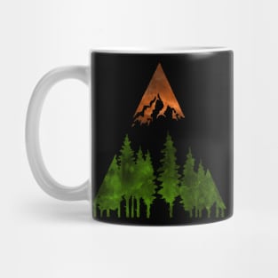 Dramatic mountain and forest scene in green and orange watercolors Mug